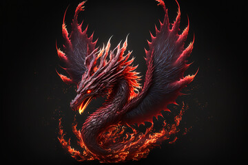Full length angry red dragon with big wings and fire on black background, generative ai.