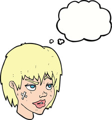 cartoon woman with plaster on face with thought bubble