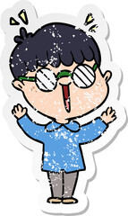 distressed sticker of a cartoon boy wearing spectacles