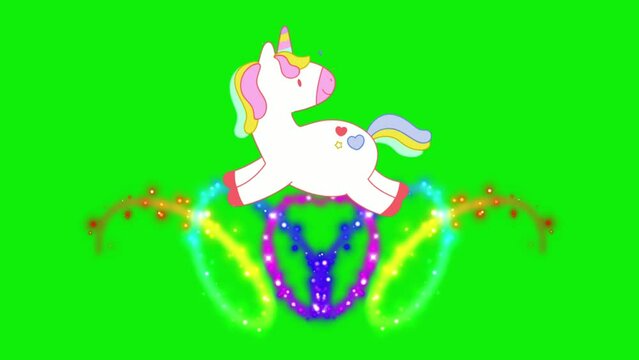 Animated unicorn flying over a rainbow, with a green screen background.