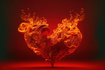 Burning heart of fire flame on dark red background, love, passion, generative ai.