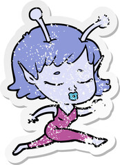 distressed sticker of a cute alien girl cartoon