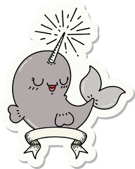 sticker of tattoo style happy narwhal