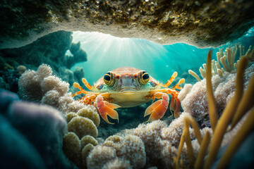 Fototapeta premium Baby Crab in Colorful Coral Reef - Underwater POV generative ai