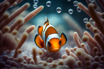 Baby Clown Fish Swimming in Colorful Coral Reef - Underwater POV generative ai