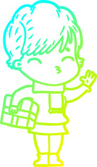 cold gradient line drawing cartoon woman thinking