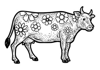 cow with flowers sketch PNG illustration with transparent background