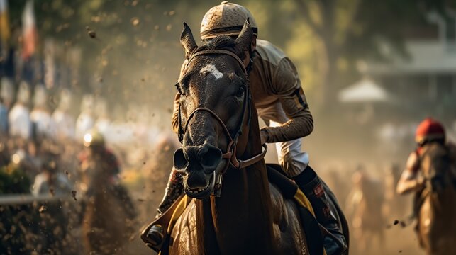 Horses racing at the Kentucky derby close up. Generative AI illustration.