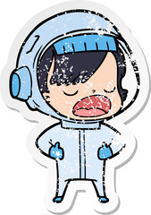 distressed sticker of a cartoon astronaut woman explaining