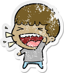 distressed sticker of a cartoon laughing man