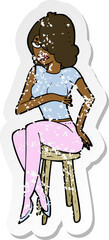 retro distressed sticker of a cartoon woman sitting on bar stool