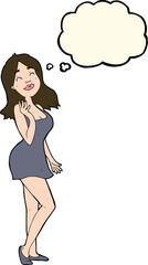cartoon pretty woman in cocktail dress with thought bubble