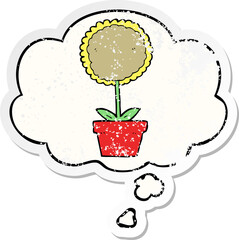 cute cartoon flower and thought bubble as a distressed worn sticker
