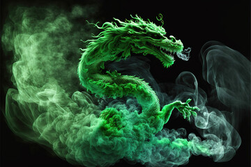 Green angry dragon made of flame and smoke on black background, generative ai.