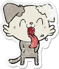 distressed sticker of a cartoon panting dog