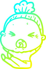 cold gradient line drawing cartoon angry old woman