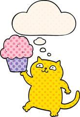 cartoon cat with cupcake and thought bubble in comic book style
