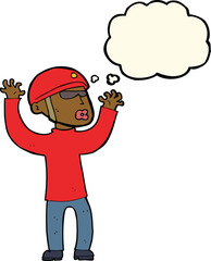 cartoon security man panicking with thought bubble
