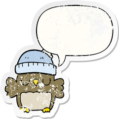 cute cartoon owl in hat and speech bubble distressed sticker