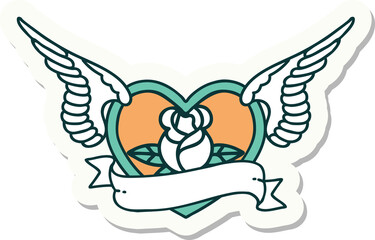 tattoo style sticker of a flying heart with flowers and banner
