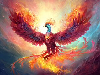 Obraz premium majestic phoenix illustration, vibrant colors, mythical creature, generative AI 