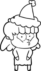 line drawing of a whistling girl wearing santa hat