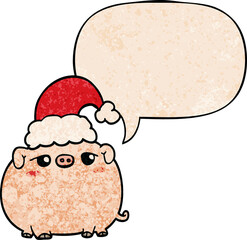 cartoon pig wearing christmas hat and speech bubble in retro texture style