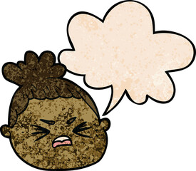 cartoon female face and speech bubble in retro texture style