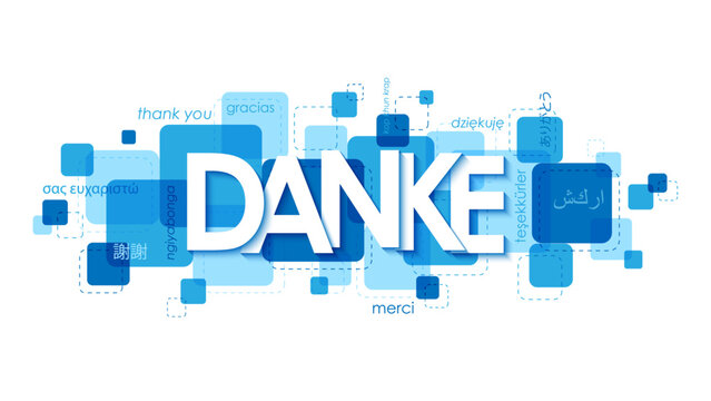 DANKE (THANK YOU in German) blue vector banner with translations into various languages