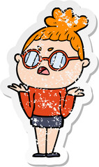 distressed sticker of a cartoon annoyed woman
