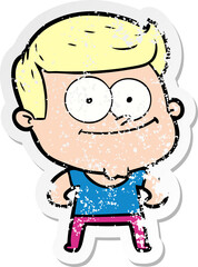 distressed sticker of a cartoon happy man