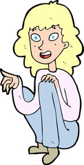 cartoon happy woman sitting and pointing