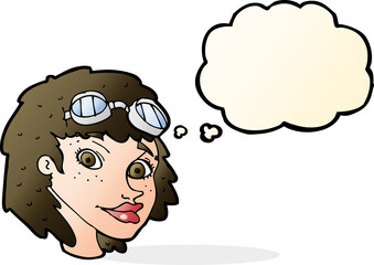 cartoon happy woman wearing aviator goggles with thought bubble