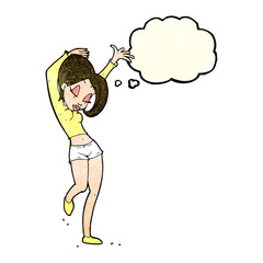 cartoon pretty woman dancing with thought bubble