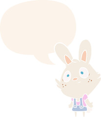 cute cartoon rabbit shrugging shoulders and speech bubble in retro style