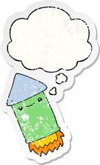 cartoon firework and thought bubble as a distressed worn sticker