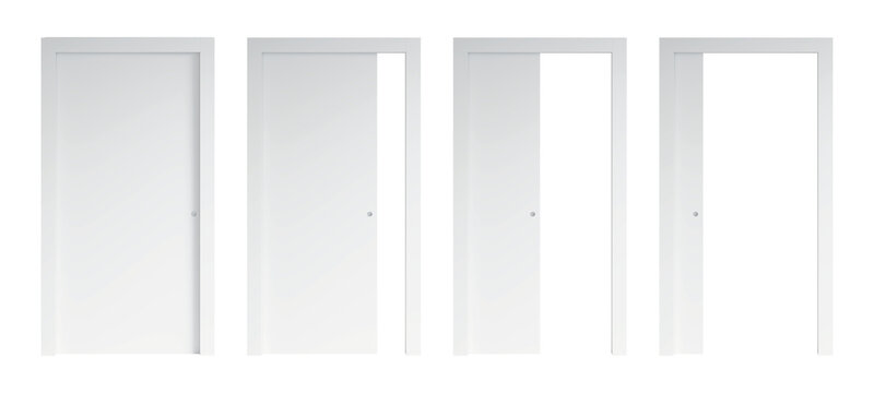 Set of four opening options of isolated white sliding doors. The door is closed, the door is 1/4 open, the door is 1/2 open, the door is 3/4 open. Front view. 3d render