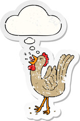 cartoon crowing cockerel and thought bubble as a distressed worn sticker