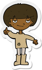 sticker of a cartoon boy in poor clothing giving thumbs up symbol