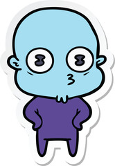 sticker of a cartoon weird bald spaceman