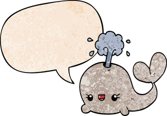 cute cartoon whale and speech bubble in retro texture style