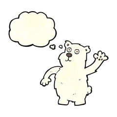 cartoon waving polar bear with thought bubble