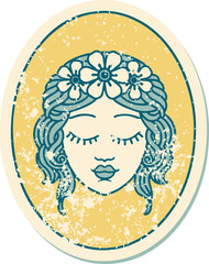 distressed sticker tattoo style icon of a maiden with eyes closed