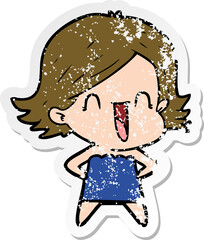 distressed sticker of a cartoon happy woman