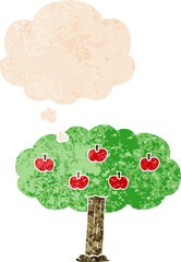 cartoon apple tree and thought bubble in retro textured style