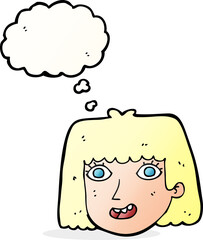 cartoon happy female face with thought bubble