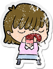 distressed sticker of a cartoon woman talking loudly