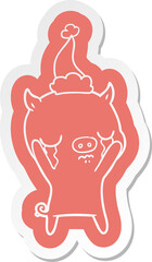 cartoon  sticker of a pig crying wearing santa hat