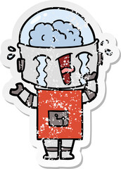 distressed sticker of a cartoon crying robot