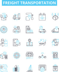 Freight transportation vector line icons set. Shipping, Logistics, Cargo, Trucks, Railways, Delivery, Containers illustration outline concept symbols and signs